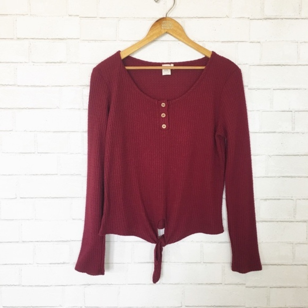Paper Crane Maroon Dark Red Plush Waffle Knit Henley Thermal Top